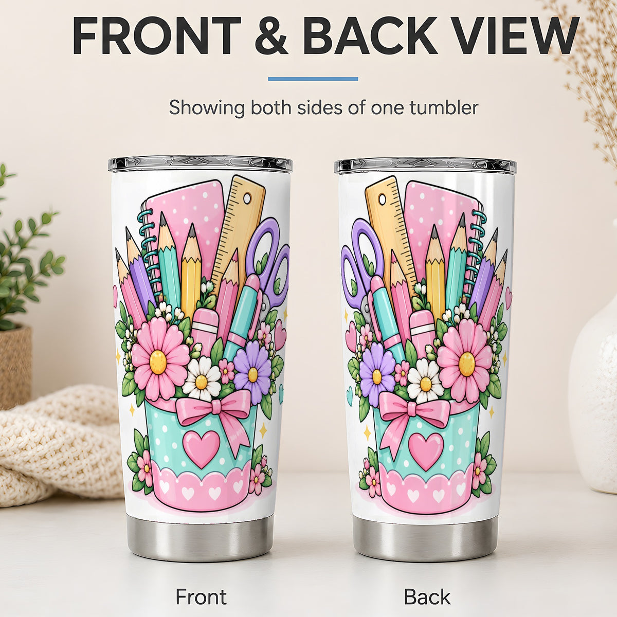 #pl[20oz|Steel] Pastel School Supplies 20oz Tumbler, Cute Floral Classroom Artwork