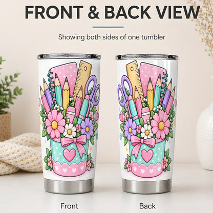 #pl[20oz|Steel] Pastel School Supplies 20oz Tumbler, Cute Floral Classroom Artwork