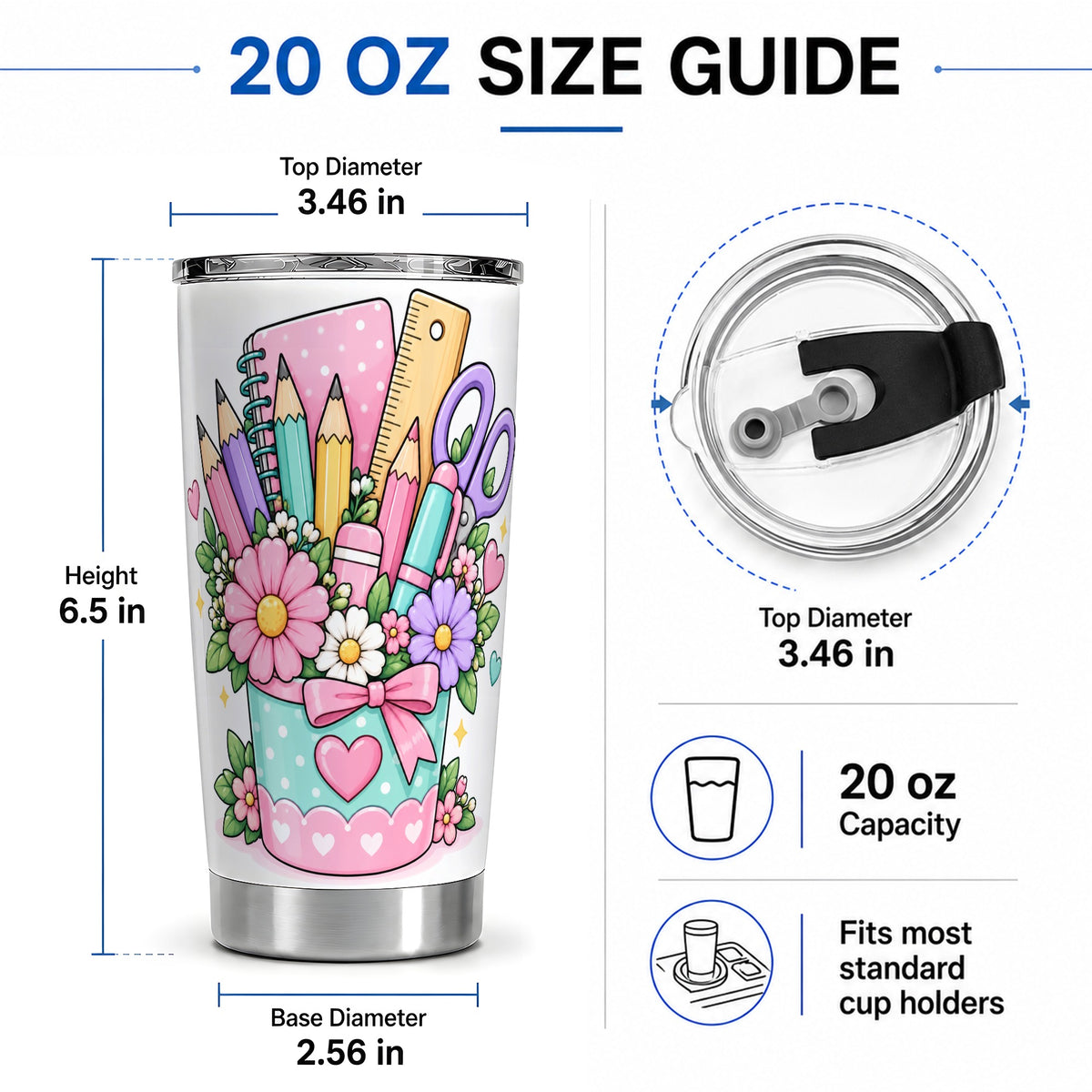 #pl[20oz|Steel] Pastel School Supplies 20oz Tumbler, Cute Floral Classroom Artwork