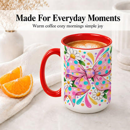 #pl[15oz|Red] Daisy Polka Dot Bow Ceramic Mug with Colorful Floral Artwork