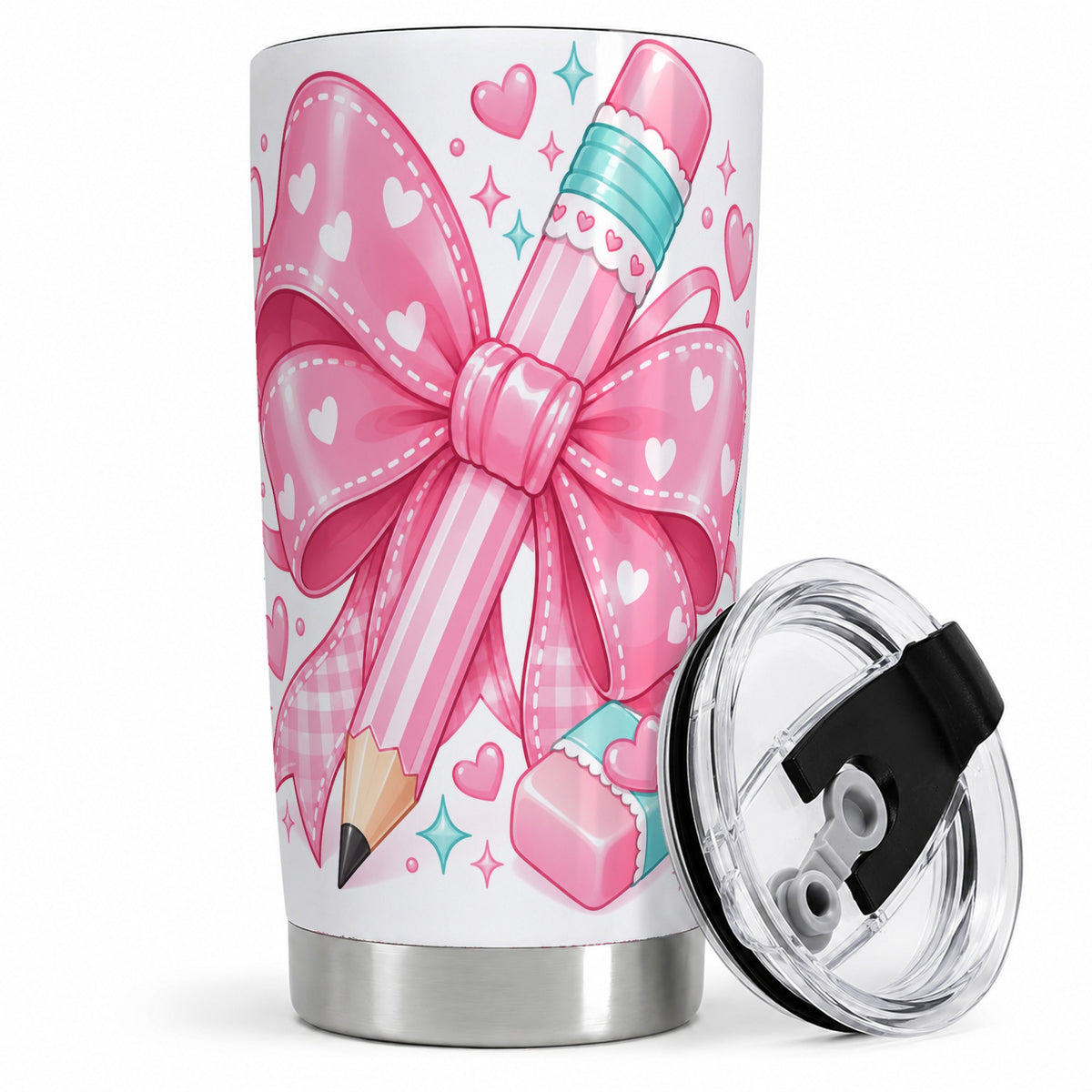 Pink Bow Pencil 20oz Tumbler, Cute Heart Eraser School Supply Artwork