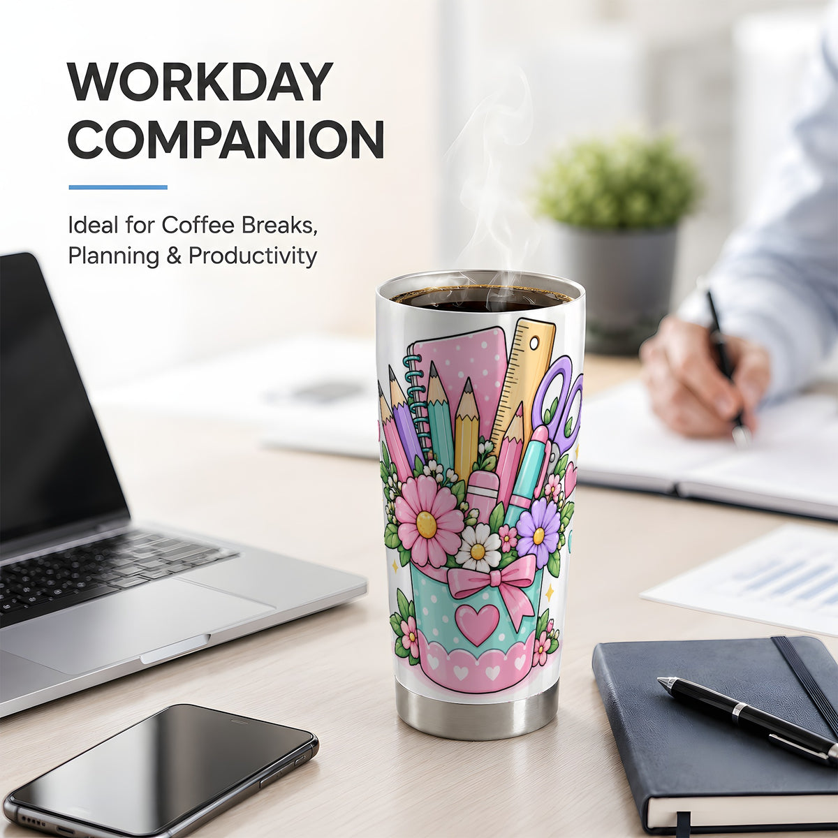 Pastel School Supplies 20oz Tumbler, Cute Floral Classroom Artwork
