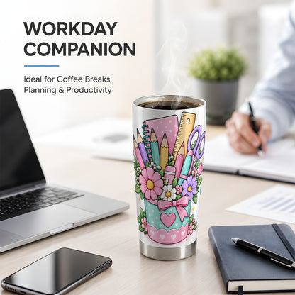 Pastel School Supplies 20oz Tumbler, Cute Floral Classroom Artwork