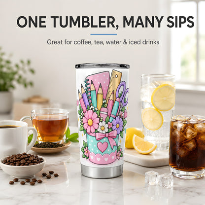 Pastel School Supplies 20oz Tumbler, Cute Floral Classroom Artwork