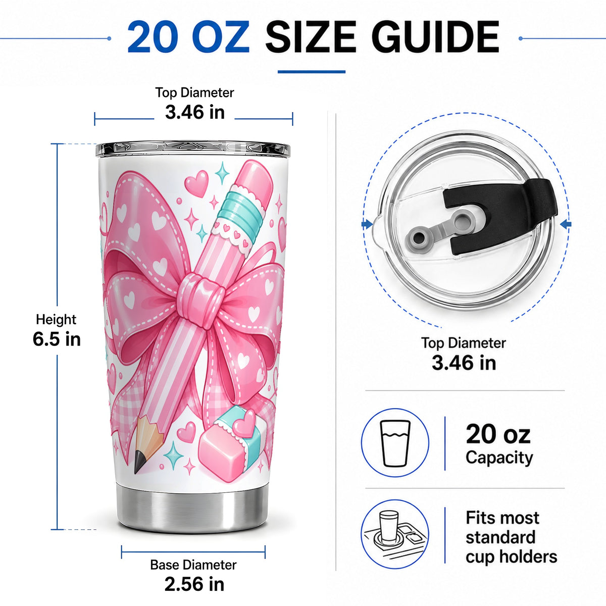 #pl[20oz|Steel] Pink Bow Pencil 20oz Tumbler, Cute Heart Eraser School Supply Artwork