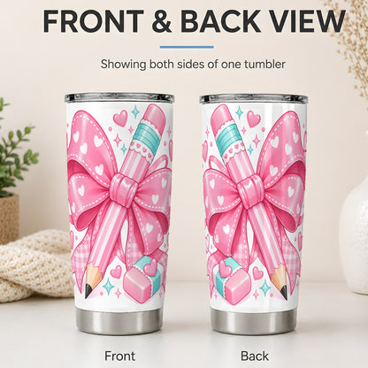 #pl[20oz|Steel] Pink Bow Pencil 20oz Tumbler, Cute Heart Eraser School Supply Artwork