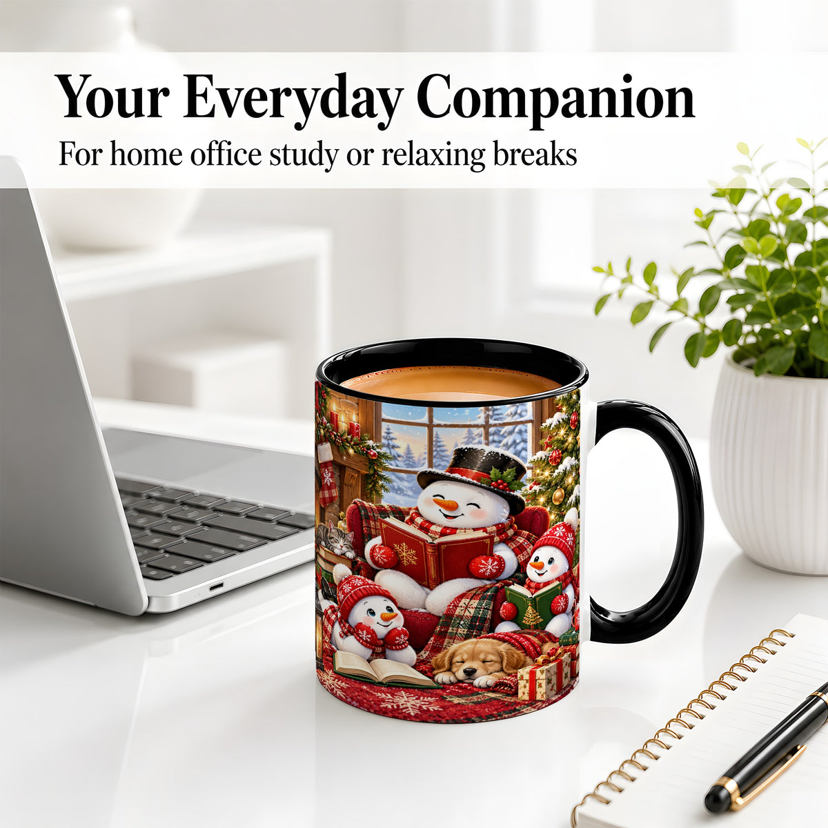 #pl[11oz|Black] Christmas Snowman Reading Ceramic Mug with Cozy Holiday Artwork