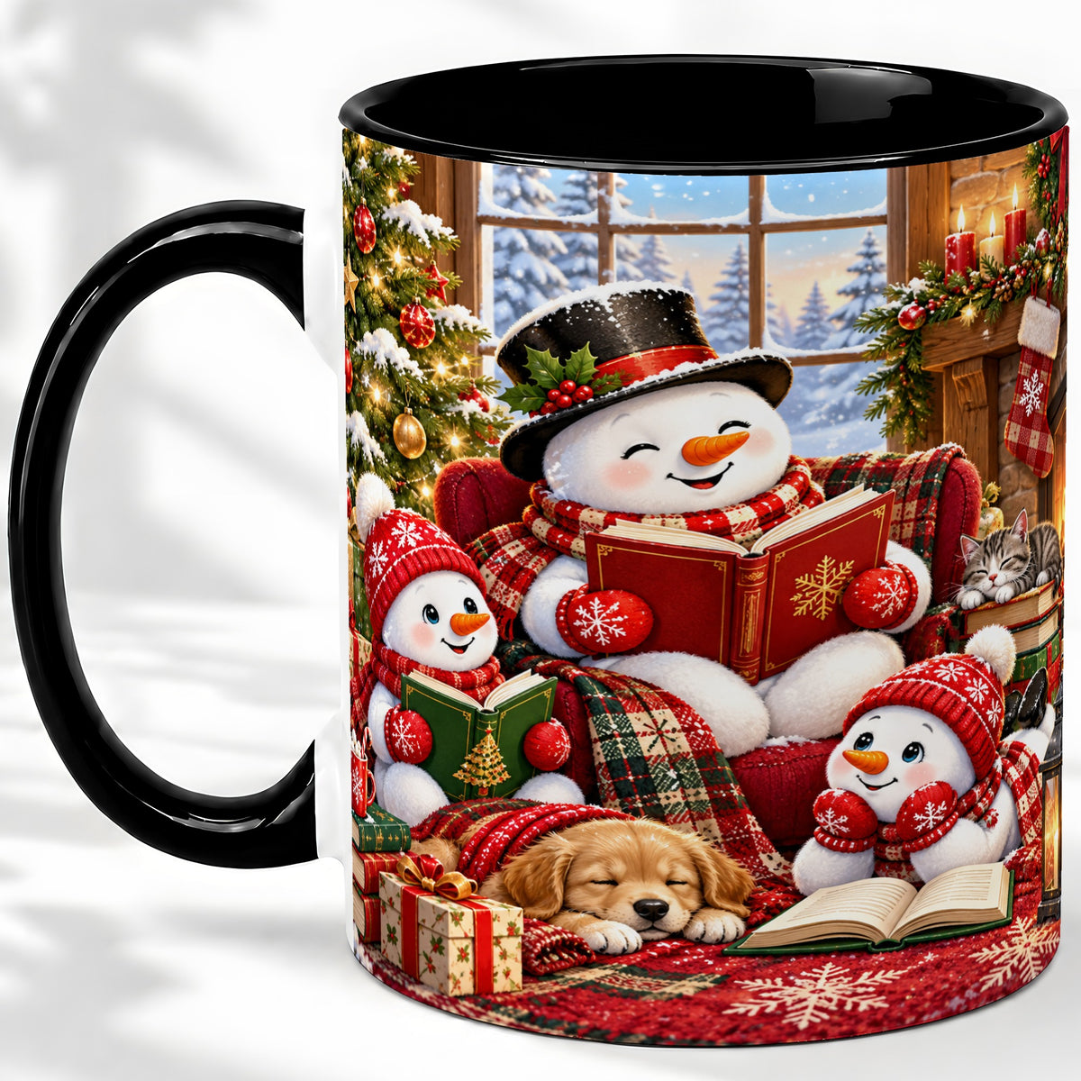 #pl[11oz|Black] Christmas Snowman Reading Ceramic Mug with Cozy Holiday Artwork