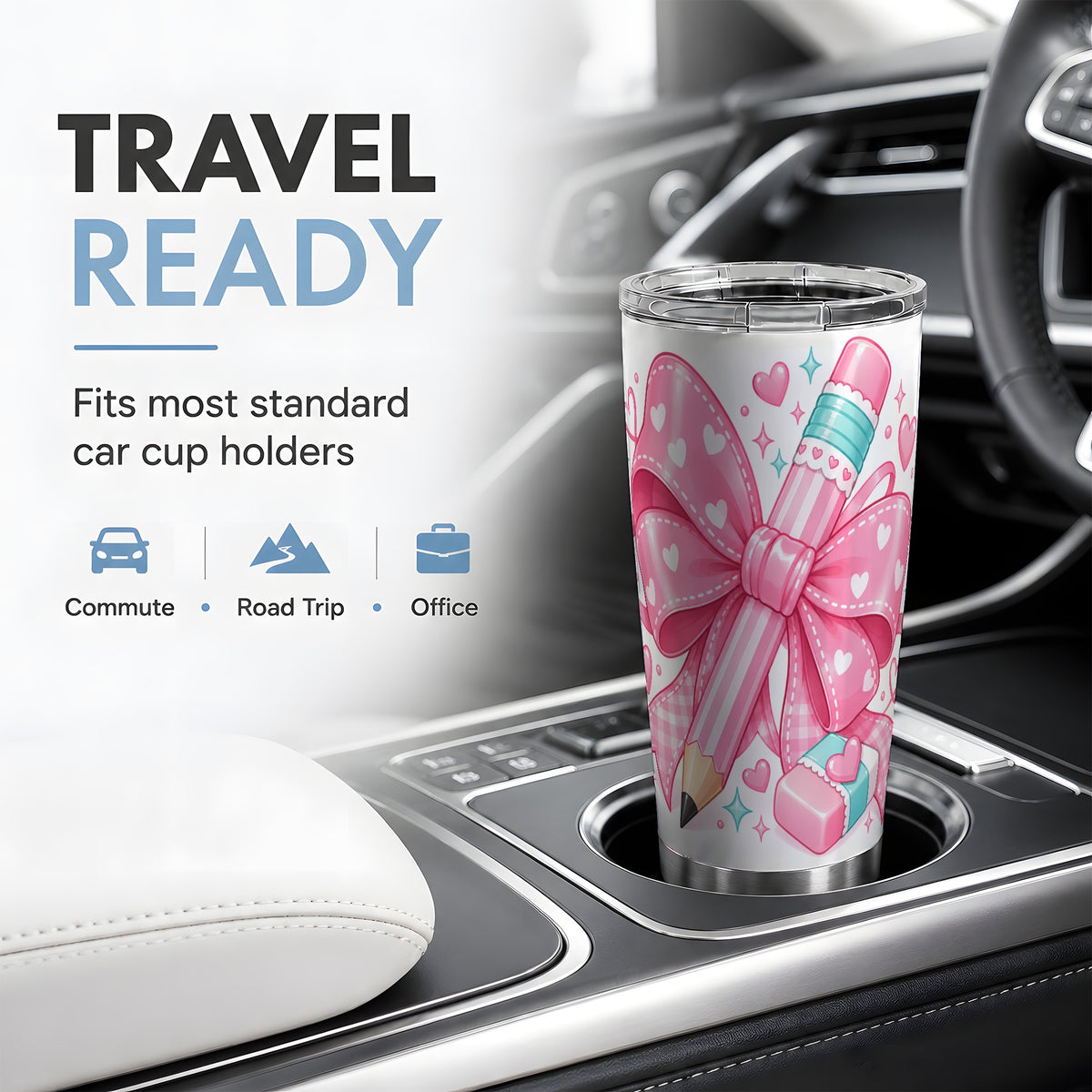 Pink Bow Pencil 20oz Tumbler, Cute Heart Eraser School Supply Artwork