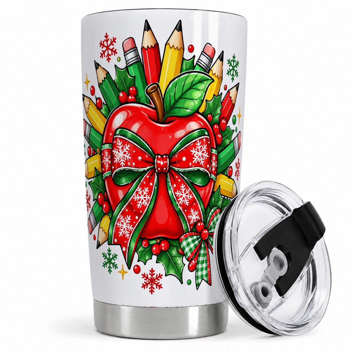 Christmas School Apple 20oz Tumbler, Holly Snowflake Pencil Artwork