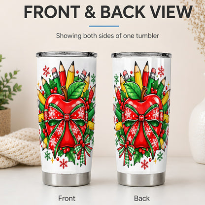 #pl[20oz|Steel] Christmas School Apple 20oz Tumbler, Holly Snowflake Pencil Artwork