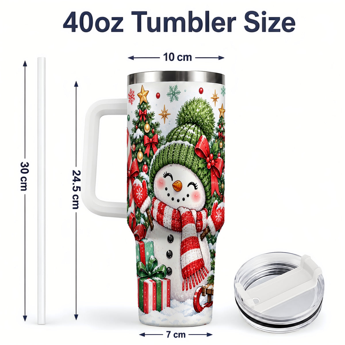#pl[40oz|White] Christmas Snowman 40oz Tumbler with Candy Cane Holiday Artwork