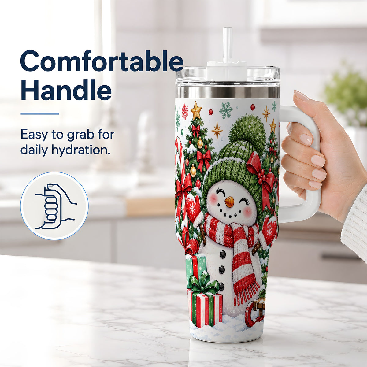 #pl[40oz|White] Christmas Snowman 40oz Tumbler with Candy Cane Holiday Artwork