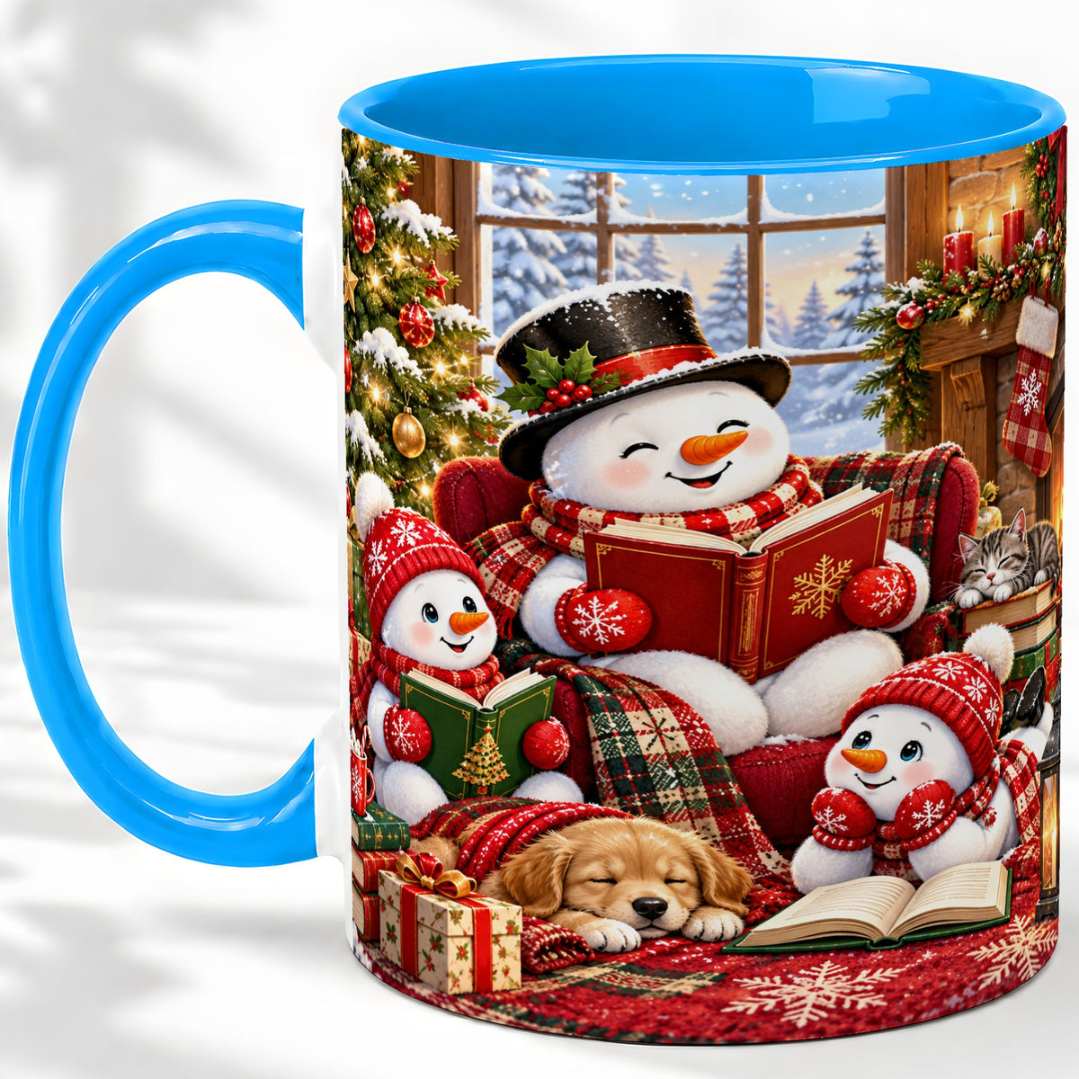 #pl[11oz|Blue] Christmas Snowman Reading Ceramic Mug with Cozy Holiday Artwork