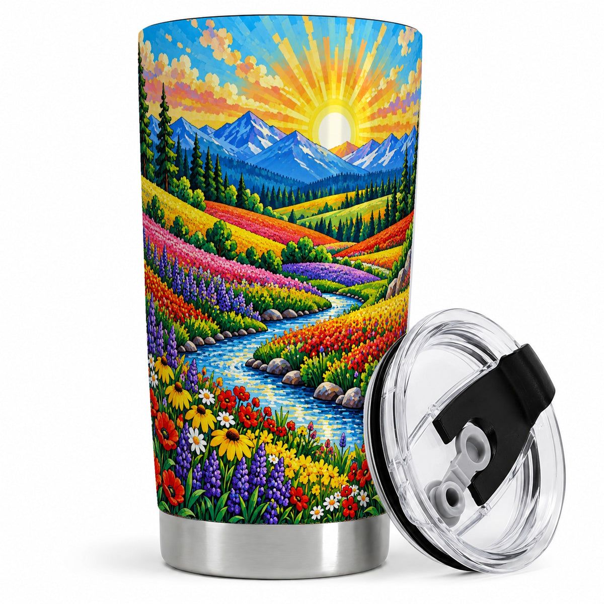 Mountain Wildflower 20oz Tumbler, Pine Stream Sunrise Nature Artwork