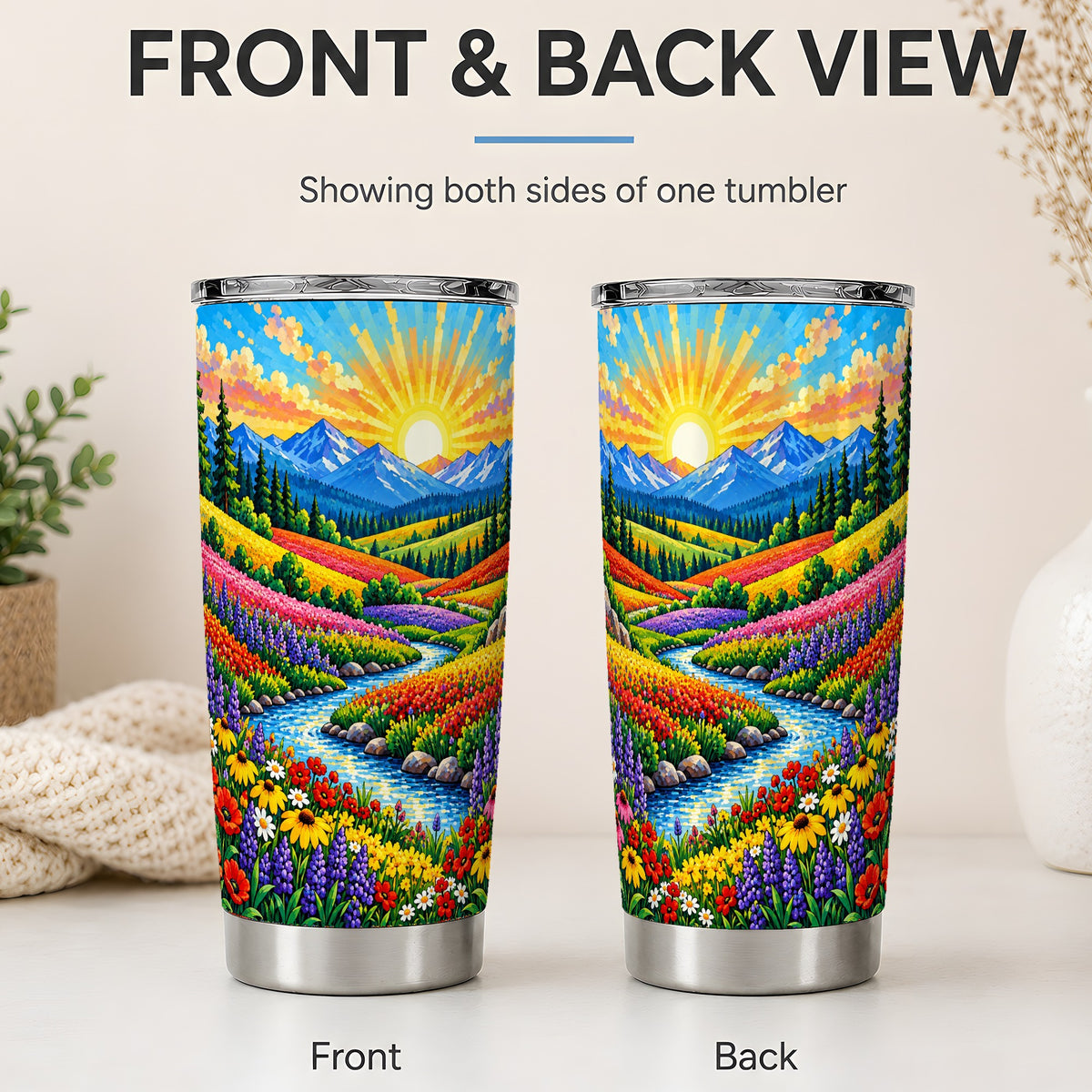 #pl[20oz|Steel] Mountain Wildflower 20oz Tumbler, Pine Stream Sunrise Nature Artwork
