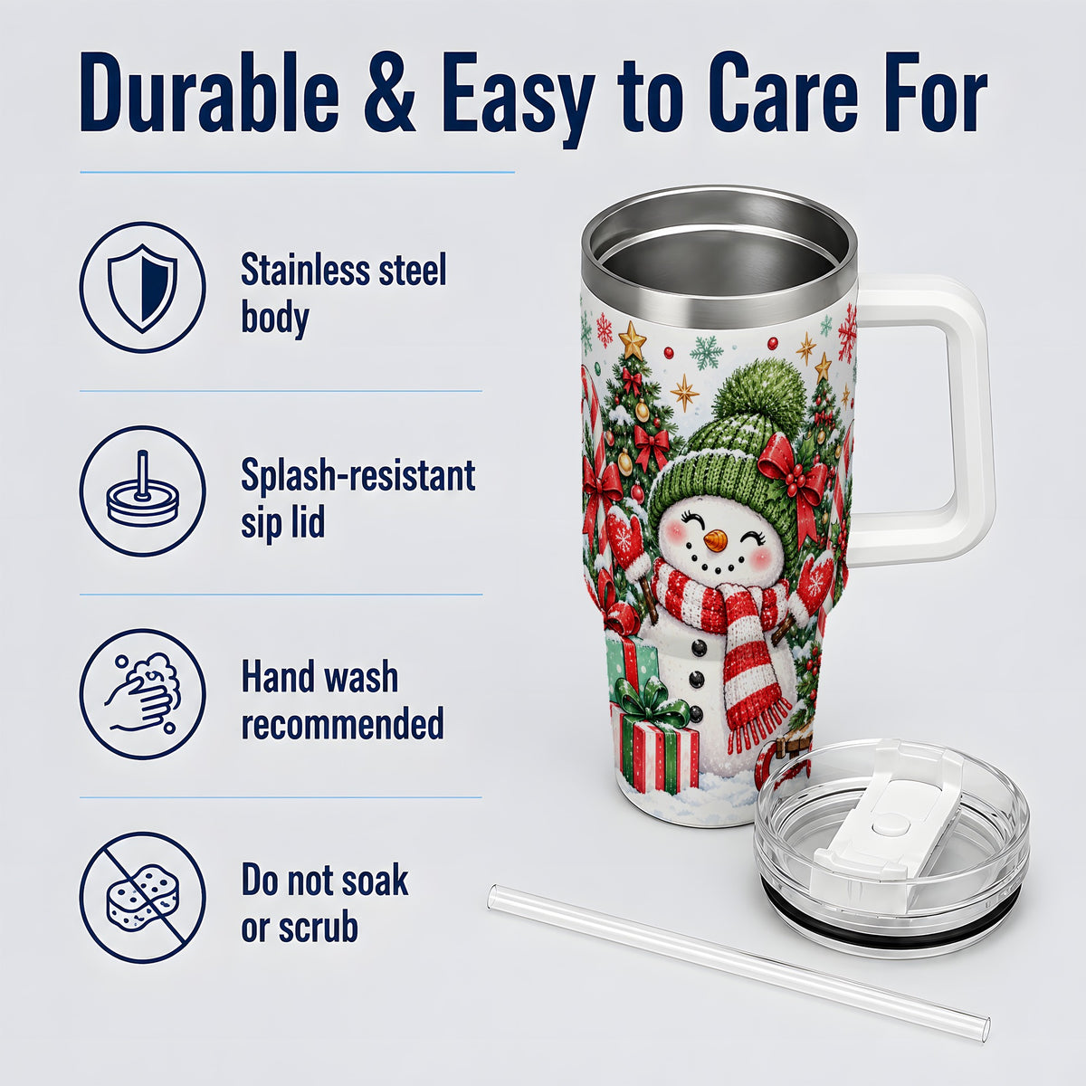 Christmas Snowman 40oz Tumbler with Candy Cane Holiday Artwork