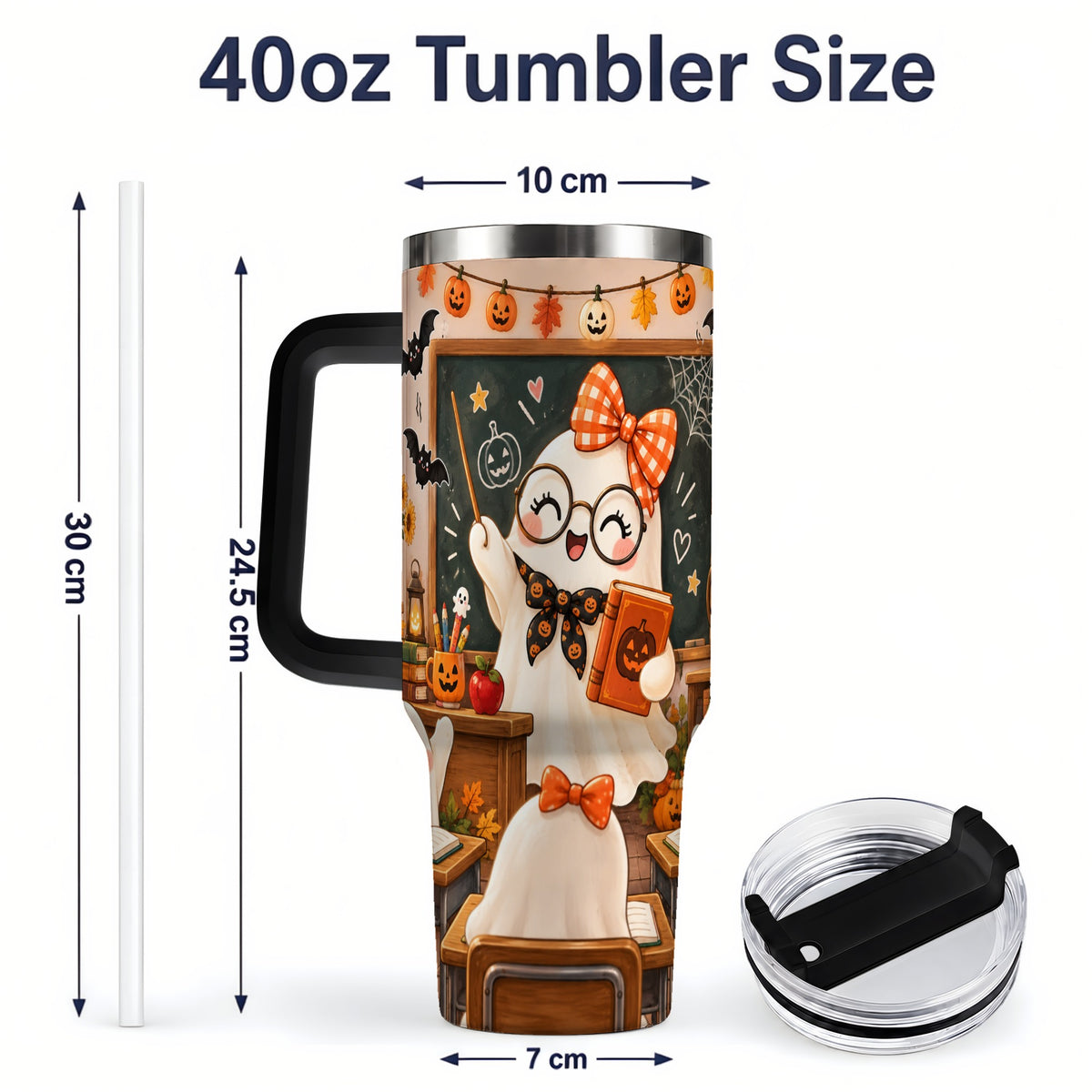 #pl[40oz|Black] Halloween Ghost Teacher 40oz Tumbler with Classroom Artwork