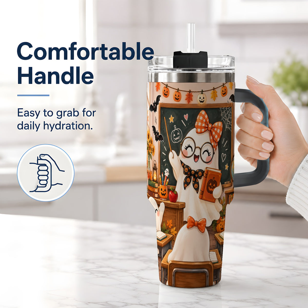 #pl[40oz|Black] Halloween Ghost Teacher 40oz Tumbler with Classroom Artwork