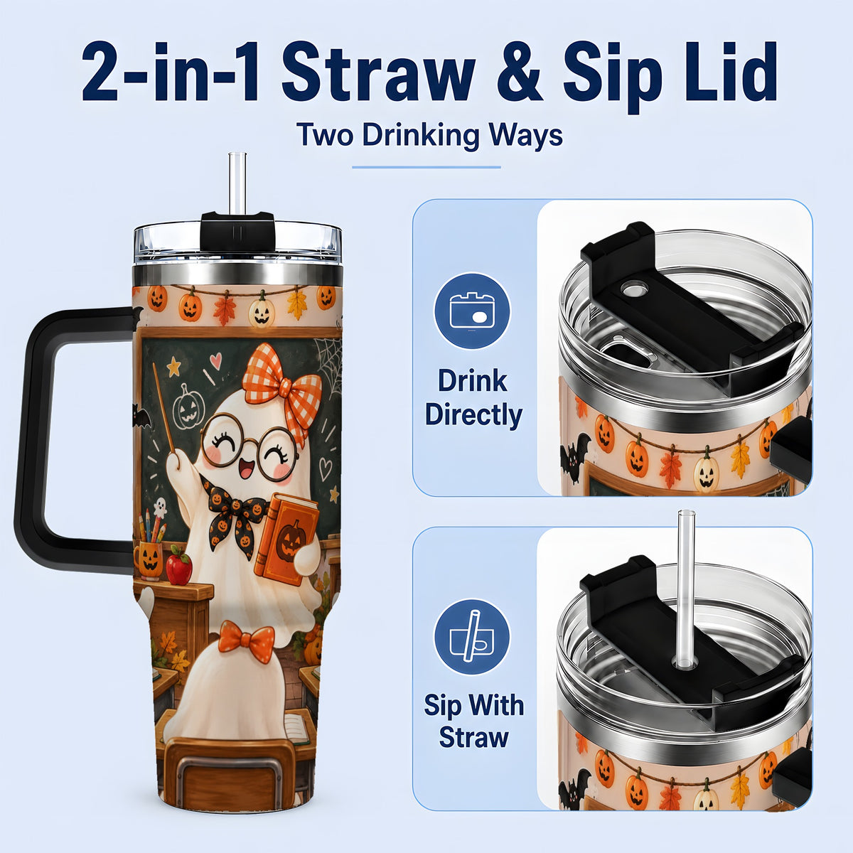 #pl[40oz|Black] Halloween Ghost Teacher 40oz Tumbler with Classroom Artwork