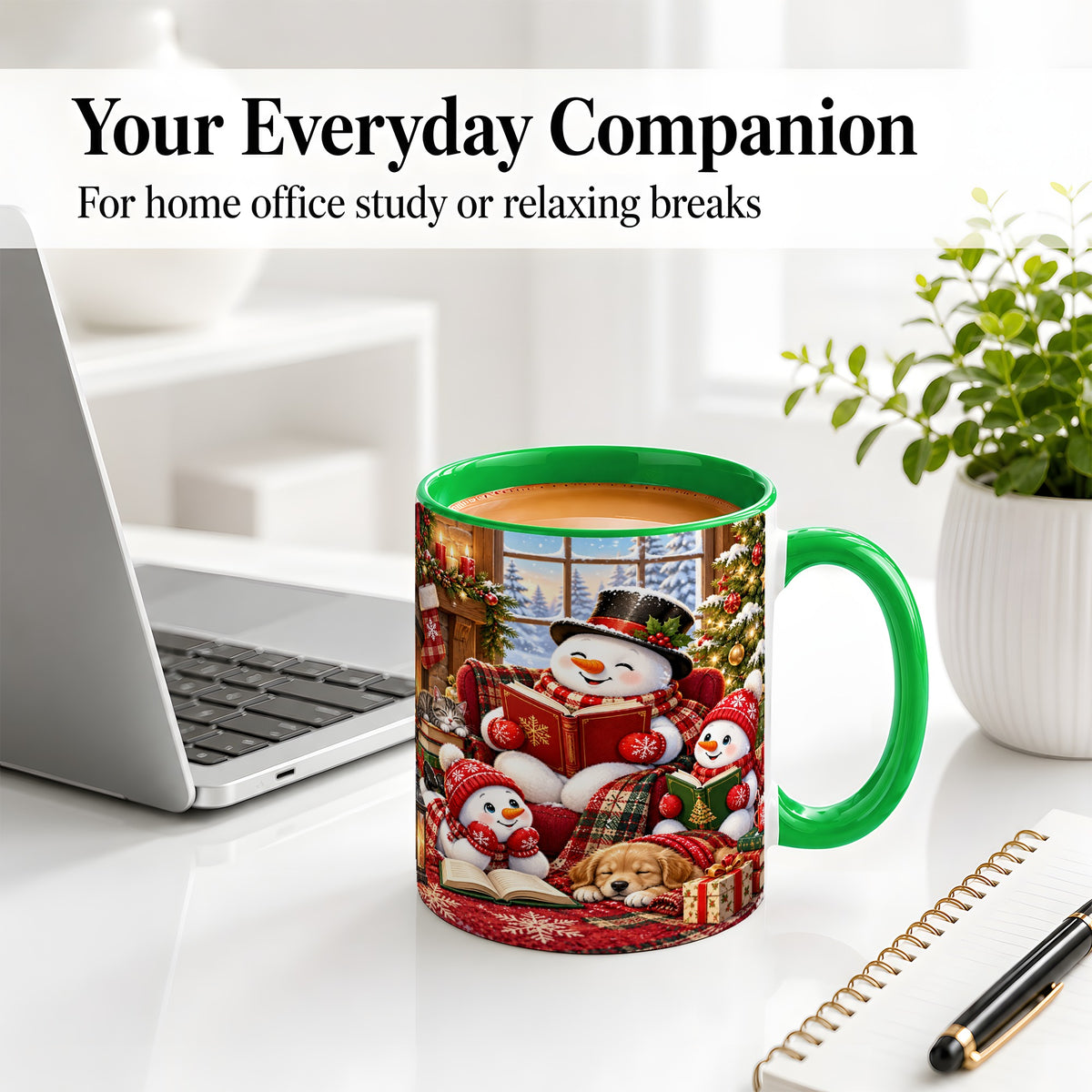 #pl[11oz|Green] Christmas Snowman Reading Ceramic Mug with Cozy Holiday Artwork
