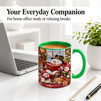 #pl[11oz|Green] Christmas Snowman Reading Ceramic Mug with Cozy Holiday Artwork