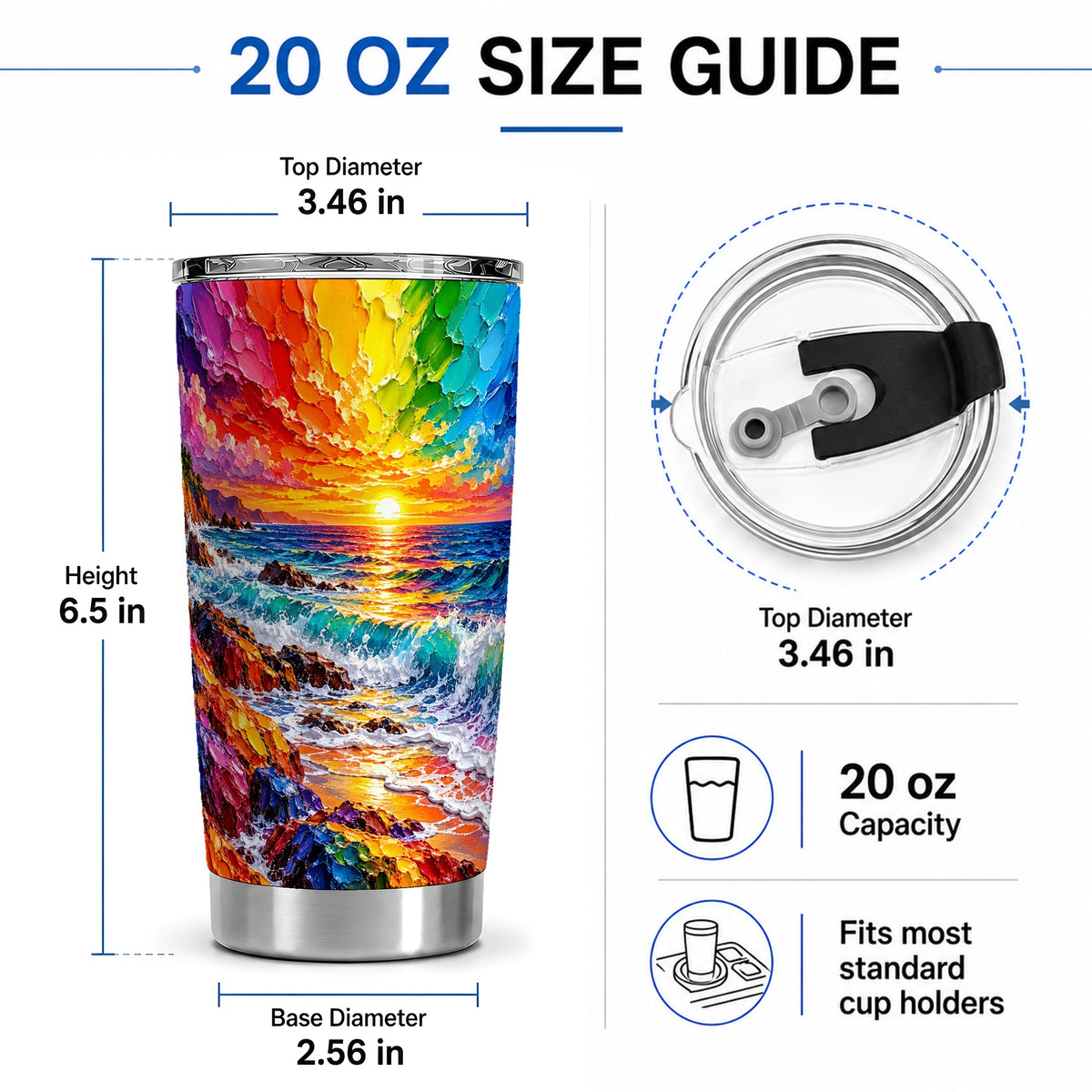 #pl[20oz|Steel] Rainbow Ocean Sunset 20oz Tumbler, Colorful Rocky Coast Seascape Art