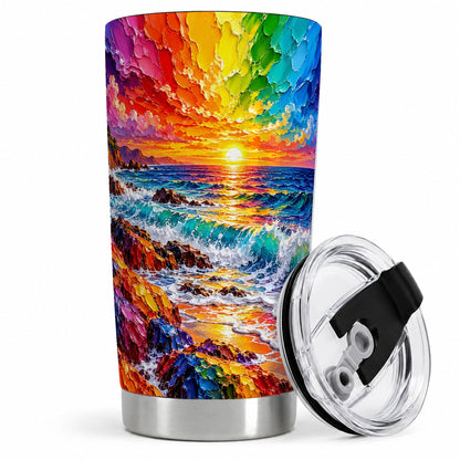 Rainbow Ocean Sunset 20oz Tumbler, Colorful Rocky Coast Seascape Art