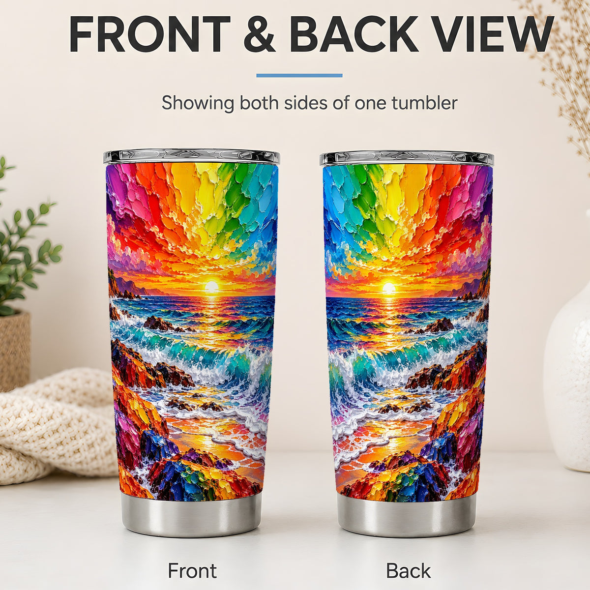 #pl[20oz|Steel] Rainbow Ocean Sunset 20oz Tumbler, Colorful Rocky Coast Seascape Art