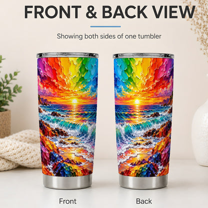 #pl[20oz|Steel] Rainbow Ocean Sunset 20oz Tumbler, Colorful Rocky Coast Seascape Art