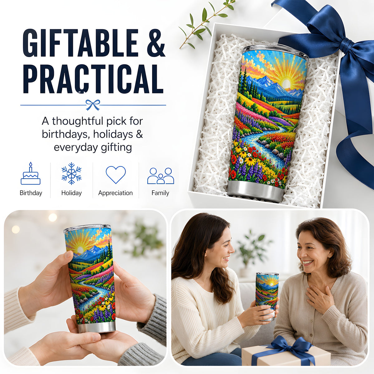 Mountain Wildflower 20oz Tumbler, Pine Stream Sunrise Nature Artwork