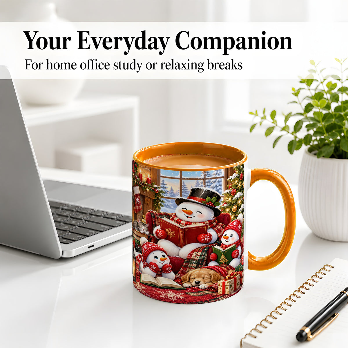 #pl[11oz|Orange] Christmas Snowman Reading Ceramic Mug with Cozy Holiday Artwork