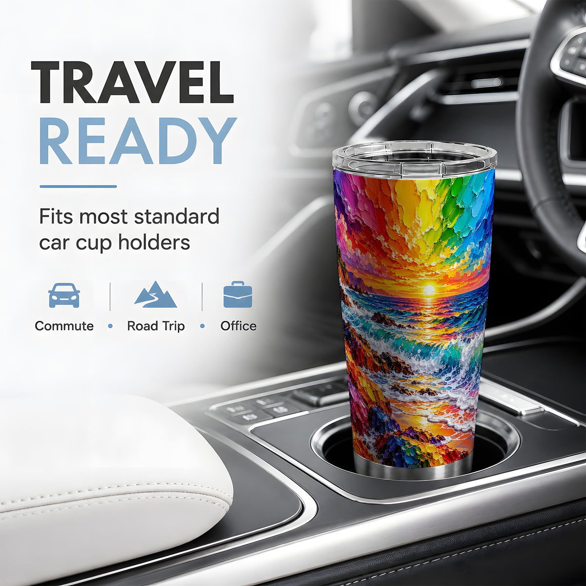 Rainbow Ocean Sunset 20oz Tumbler, Colorful Rocky Coast Seascape Art