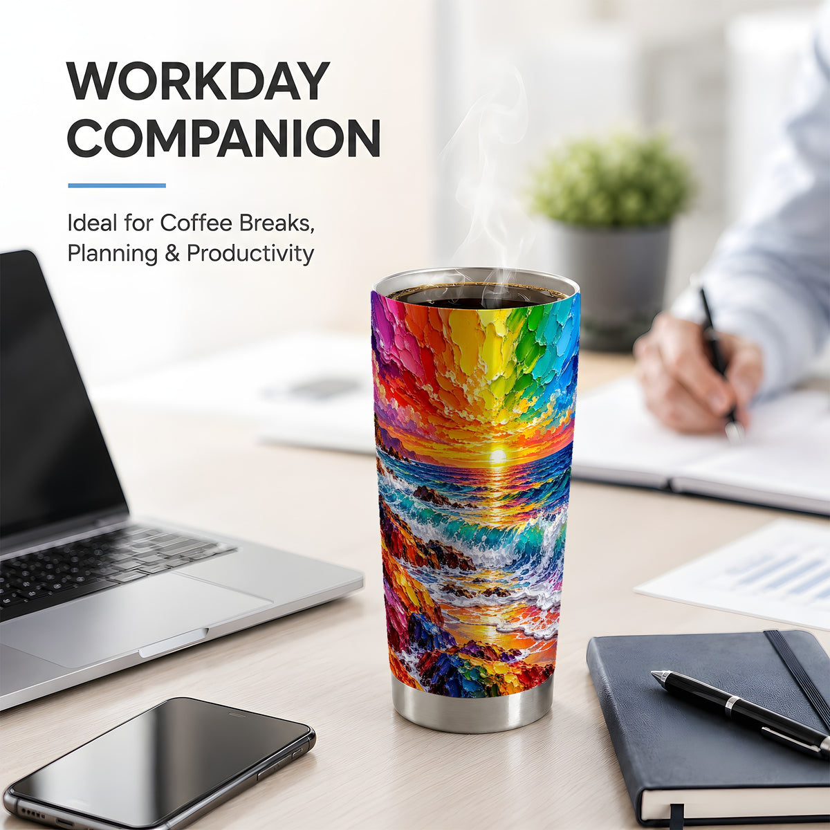Rainbow Ocean Sunset 20oz Tumbler, Colorful Rocky Coast Seascape Art