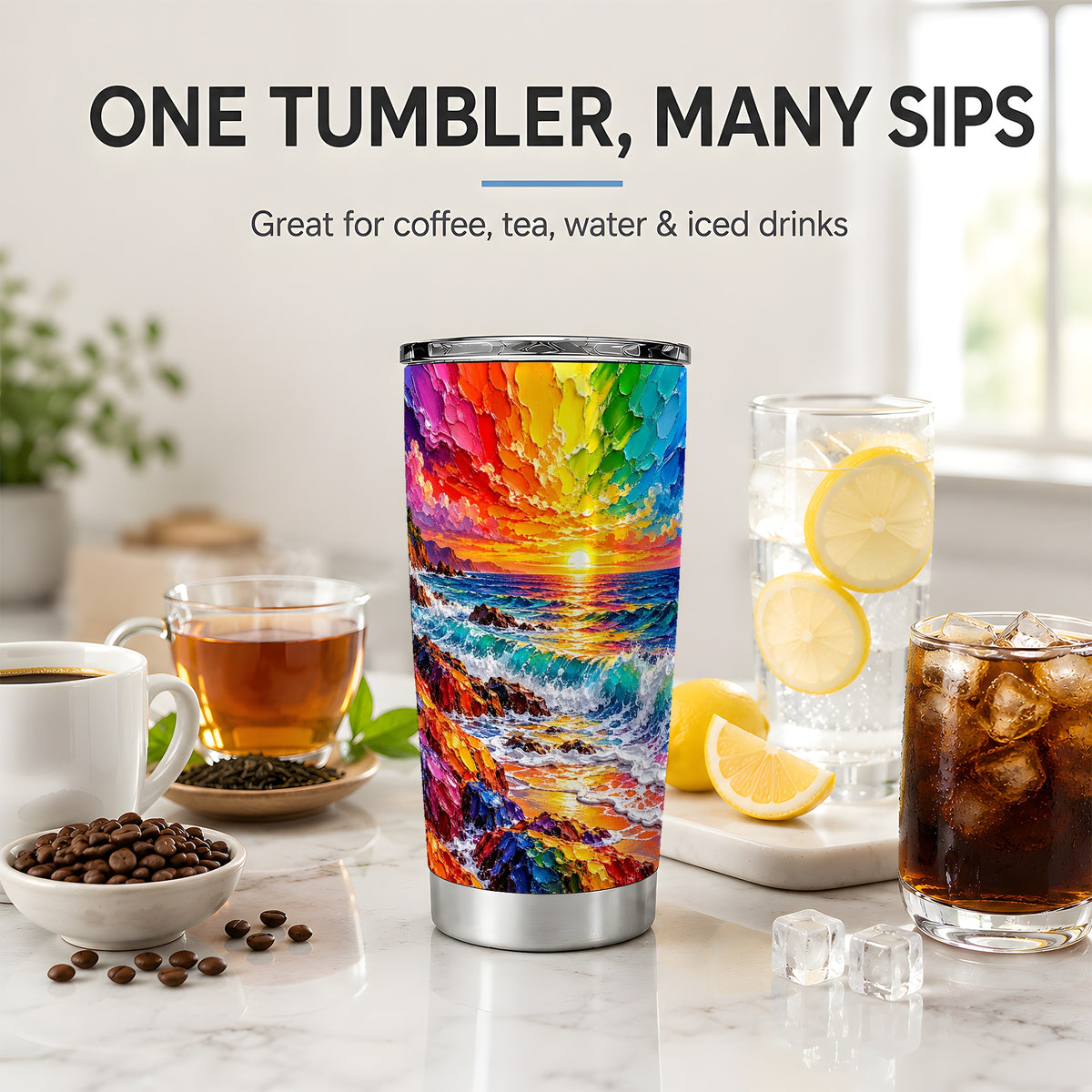 Rainbow Ocean Sunset 20oz Tumbler, Colorful Rocky Coast Seascape Art