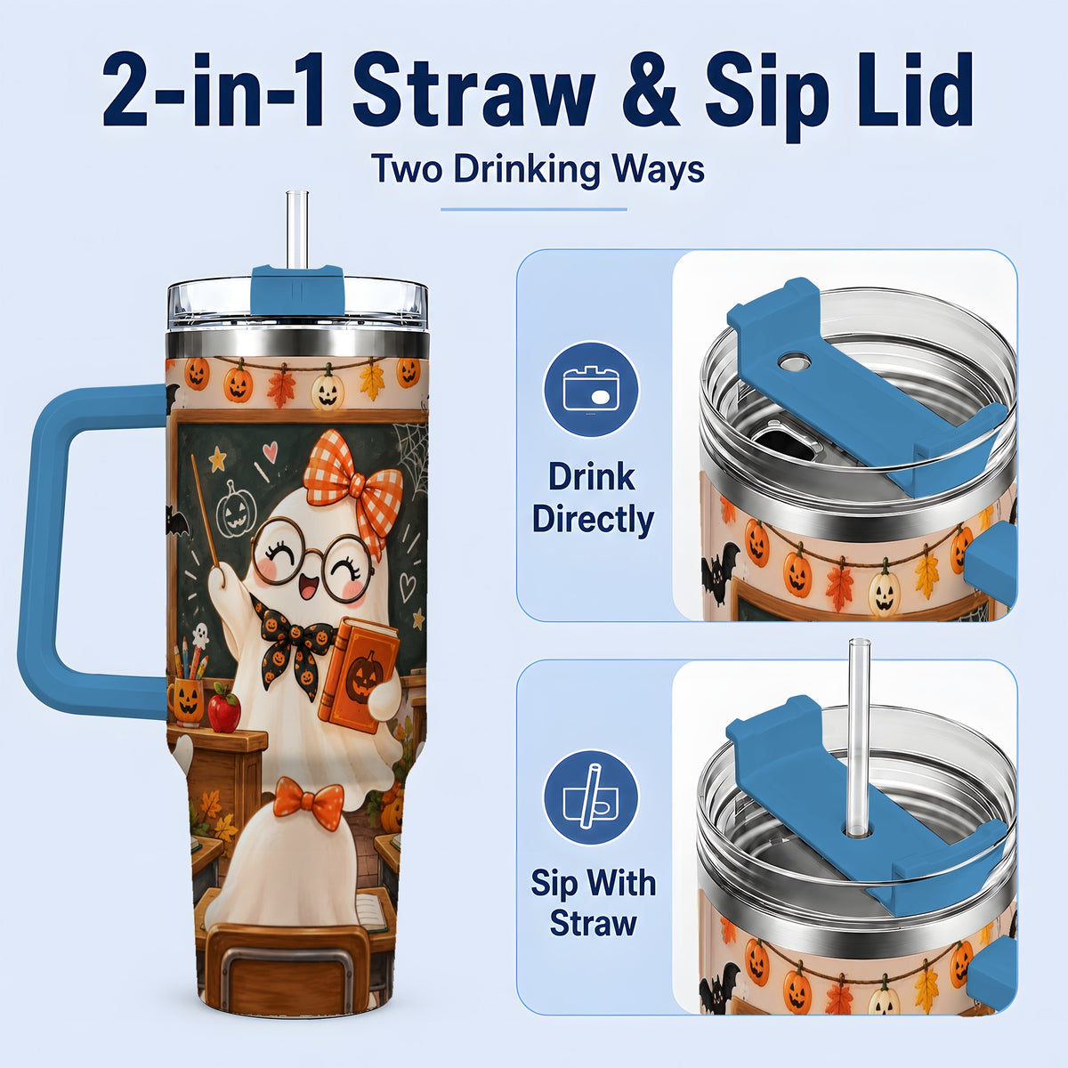 #pl[40oz|Blue] Halloween Ghost Teacher 40oz Tumbler with Classroom Artwork