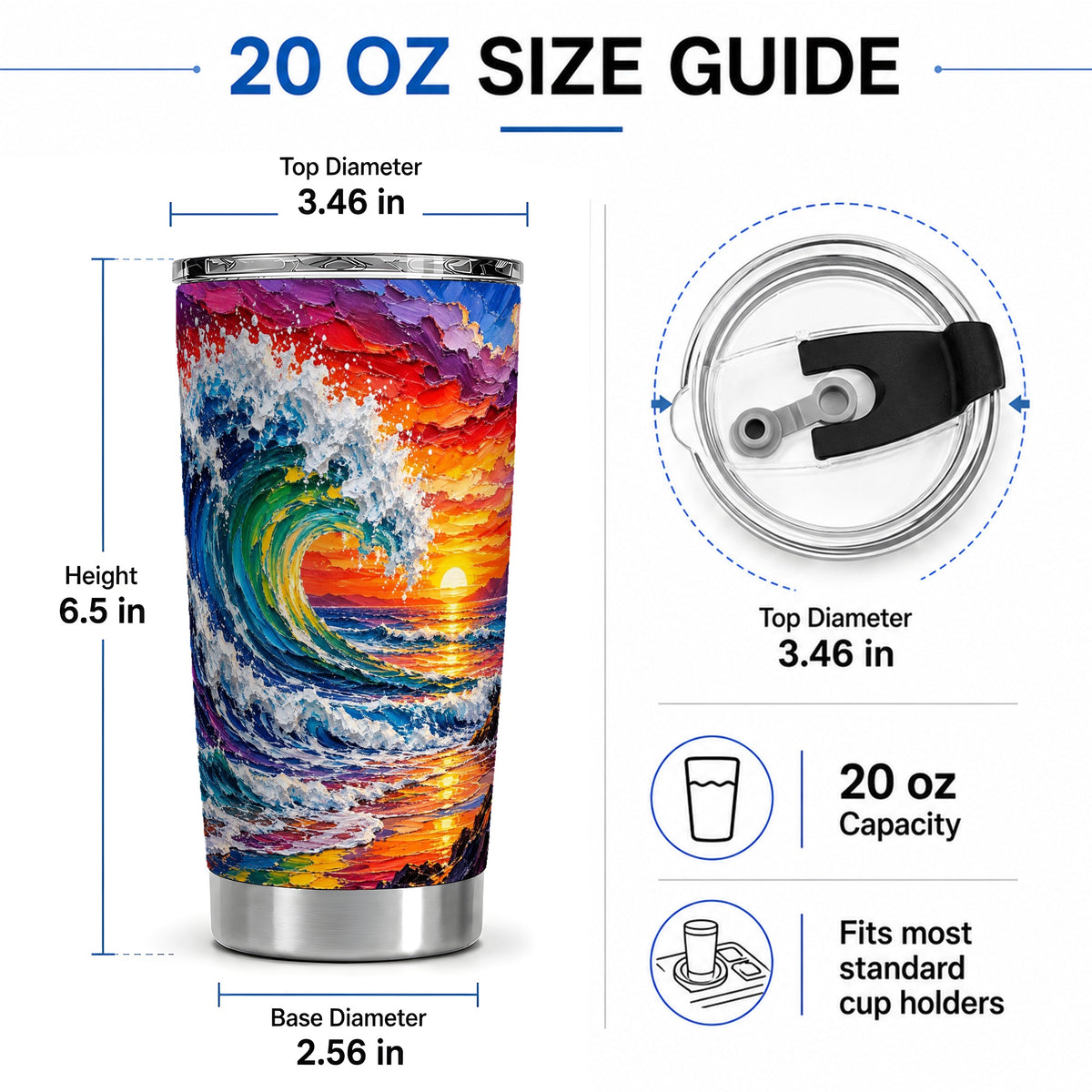 #pl[20oz|Steel] Ocean Wave Sunset 20oz Tumbler, Vivid Curling Wave Coastal Artwork