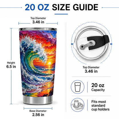 #pl[20oz|Steel] Ocean Wave Sunset 20oz Tumbler, Vivid Curling Wave Coastal Artwork