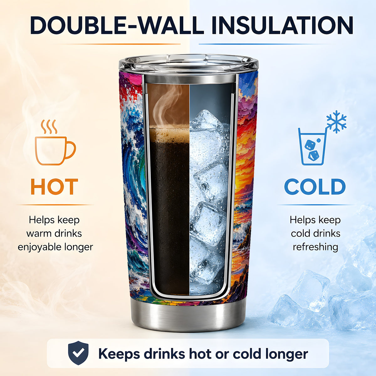Ocean Wave Sunset 20oz Tumbler, Vivid Curling Wave Coastal Artwork