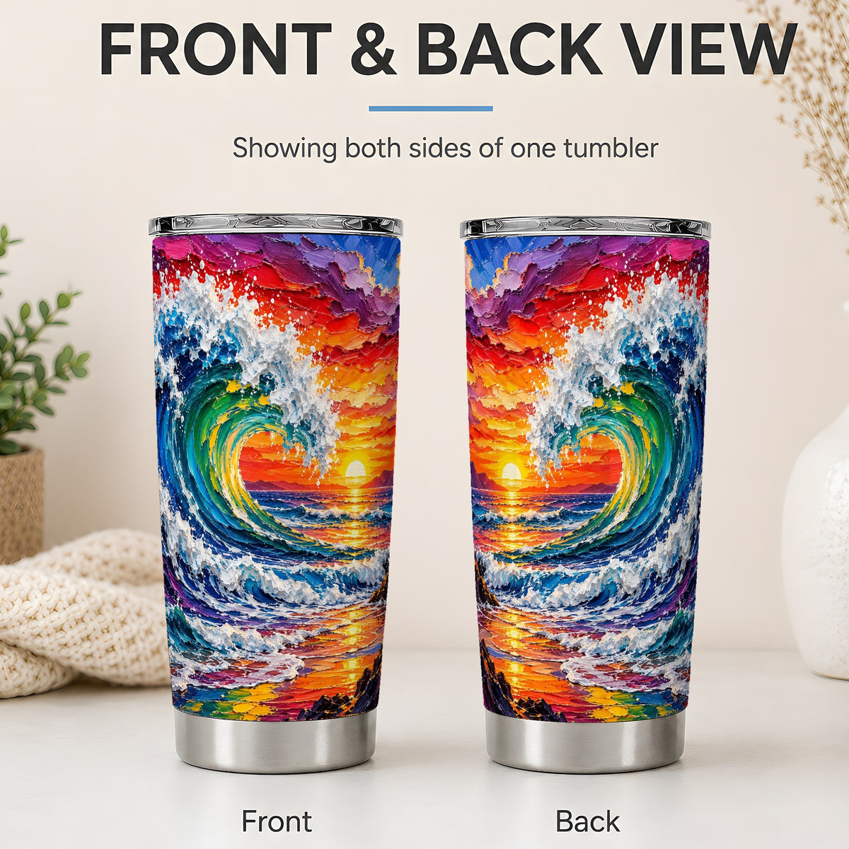 #pl[20oz|Steel] Ocean Wave Sunset 20oz Tumbler, Vivid Curling Wave Coastal Artwork