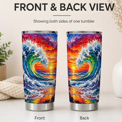 #pl[20oz|Steel] Ocean Wave Sunset 20oz Tumbler, Vivid Curling Wave Coastal Artwork