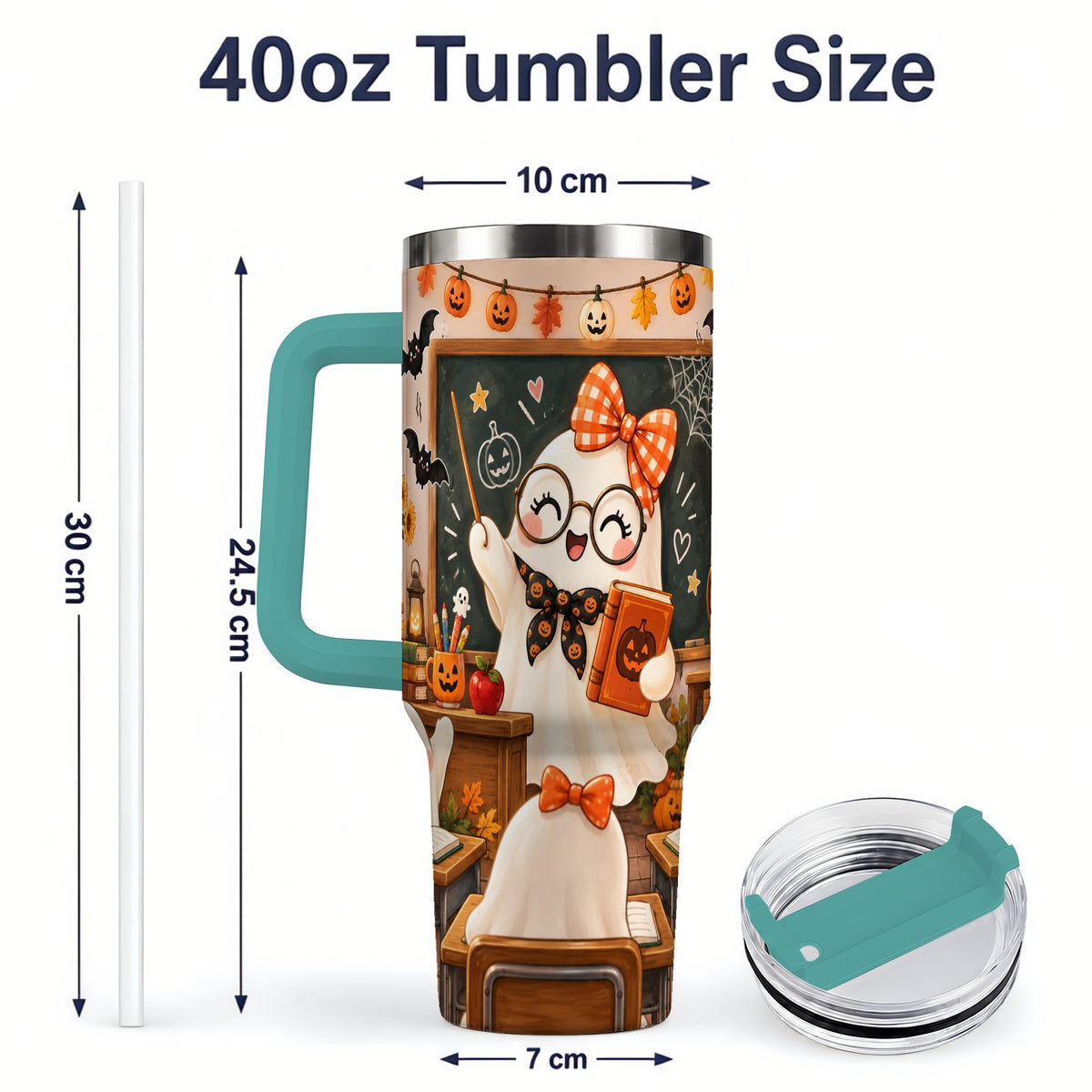 #pl[40oz|Green] Halloween Ghost Teacher 40oz Tumbler with Classroom Artwork