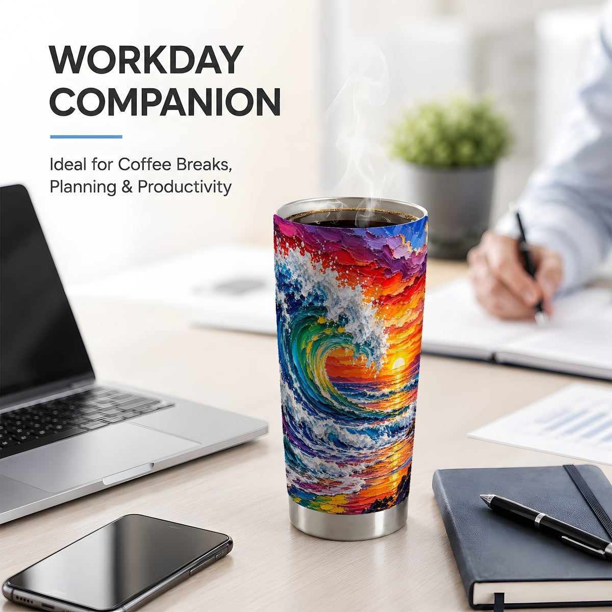 Ocean Wave Sunset 20oz Tumbler, Vivid Curling Wave Coastal Artwork