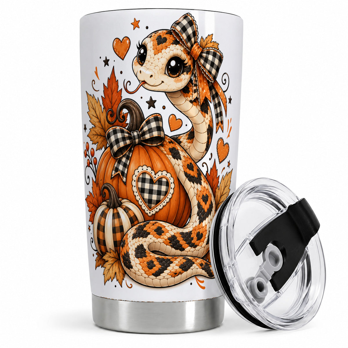 Cute Fall Snake 20oz Tumbler, Pumpkin Plaid Bow Autumn Art Design