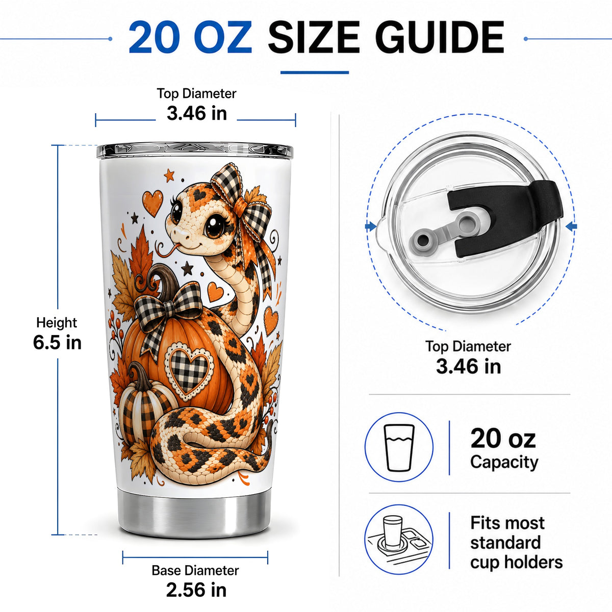 #pl[20oz|Steel] Cute Fall Snake 20oz Tumbler, Pumpkin Plaid Bow Autumn Art Design