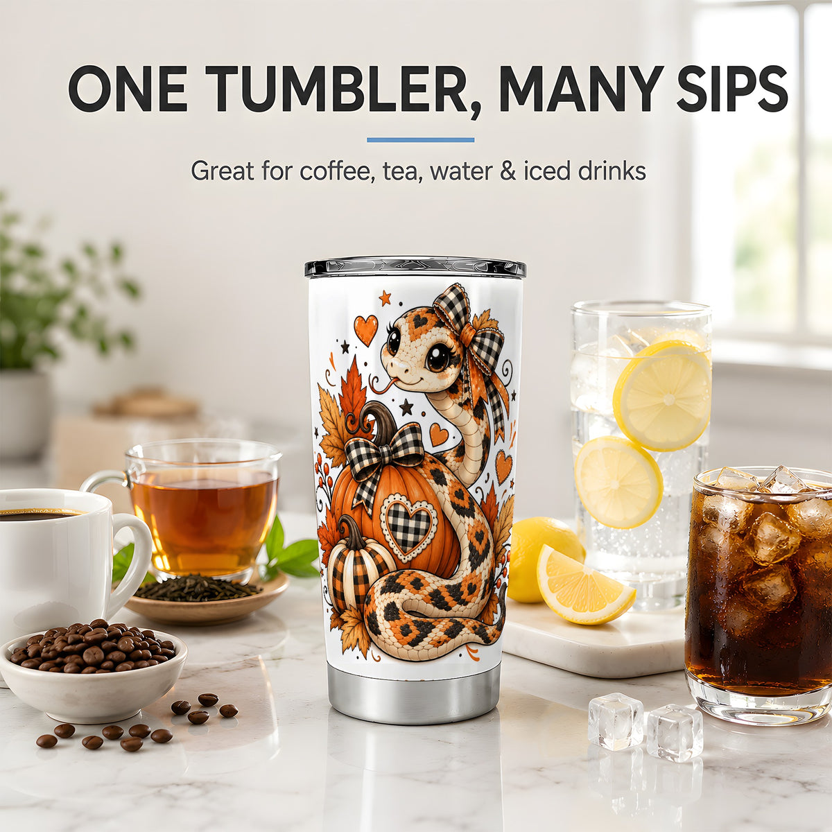Cute Fall Snake 20oz Tumbler, Pumpkin Plaid Bow Autumn Art Design