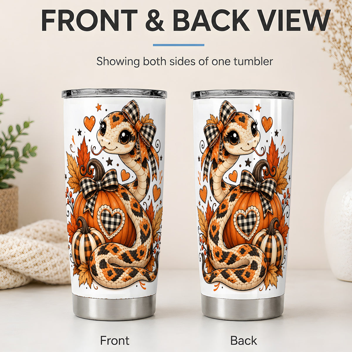 #pl[20oz|Steel] Cute Fall Snake 20oz Tumbler, Pumpkin Plaid Bow Autumn Art Design