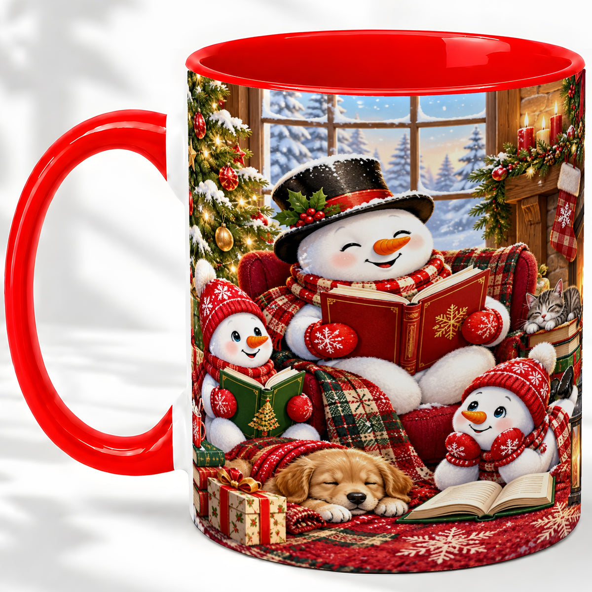 Christmas Snowman Reading Ceramic Mug with Cozy Holiday Artwork