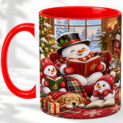 Christmas Snowman Reading Ceramic Mug with Cozy Holiday Artwork