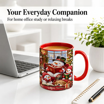 #pl[11oz|Red] Christmas Snowman Reading Ceramic Mug with Cozy Holiday Artwork